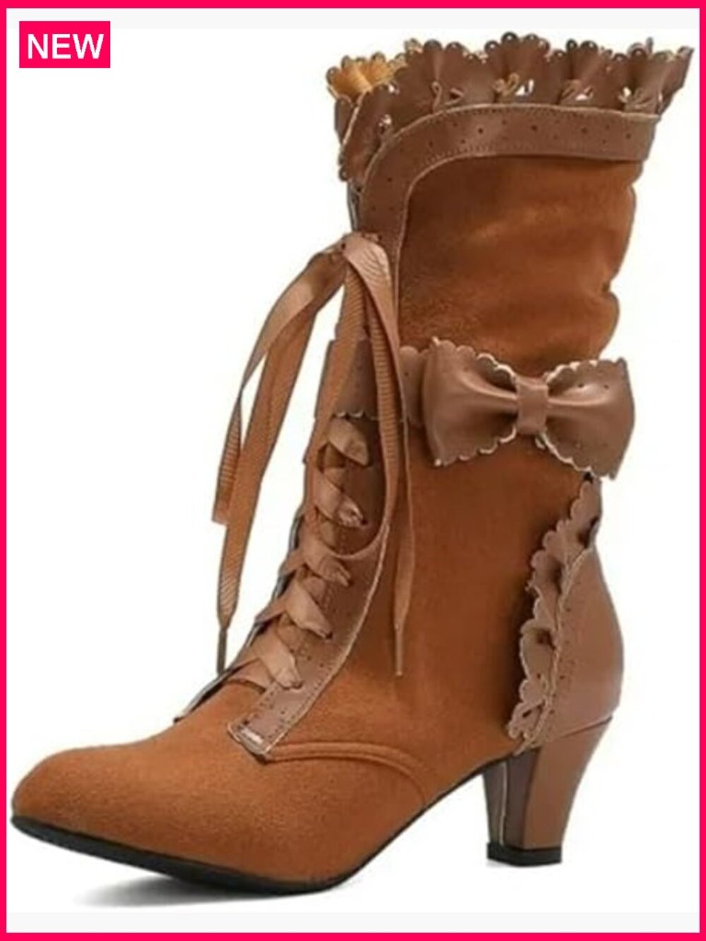 Lace Up Victorian Boots Chunky Heels Mid-Calf Goth Cosplay Shoes